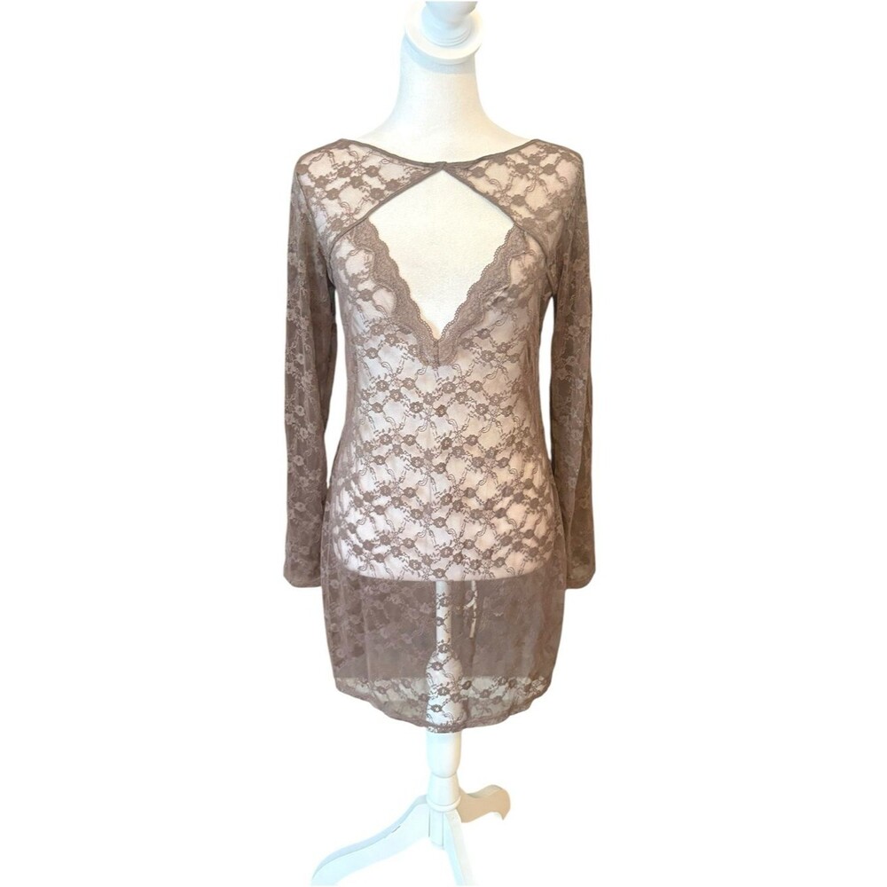 Victorias Secret Lace Long Sleeve Brown Lingerie Slip Dress Womens Large NWOT